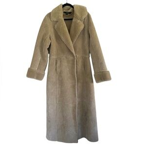 Express Beige Y2K Vintage Suede Leather Faux Fur Lined Long Coat Large